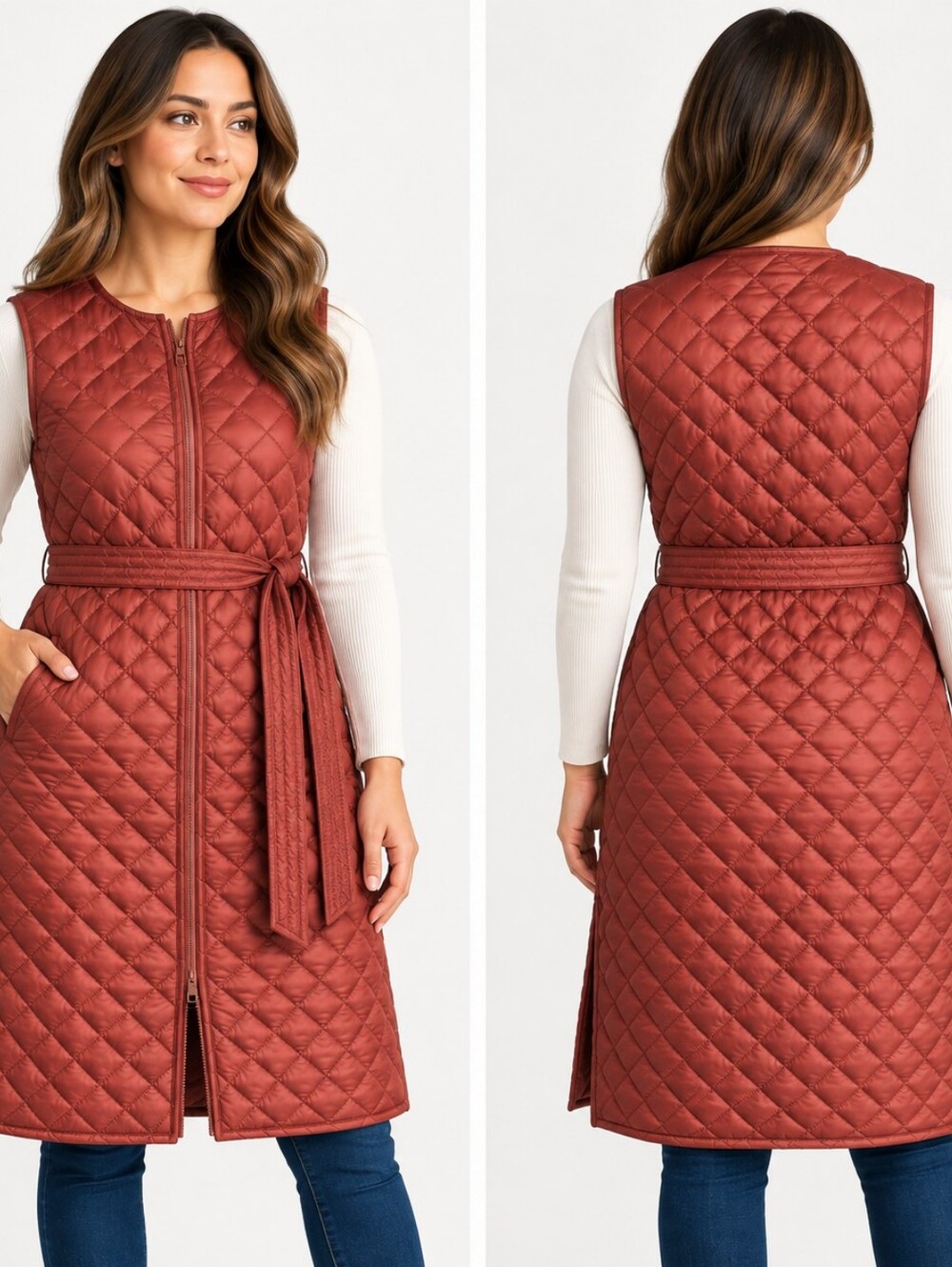 Athleta Whisper Featherless Long Vest Mahogany Brown Belted Size L